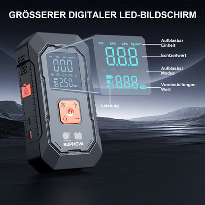 Avviatore di emergenza per auto 8500A con compressore d'aria, pompa di gonfiaggio per pneumatici senza fili, booster per batteria con power bank e torce LED, doppio display della pressione dell'aria