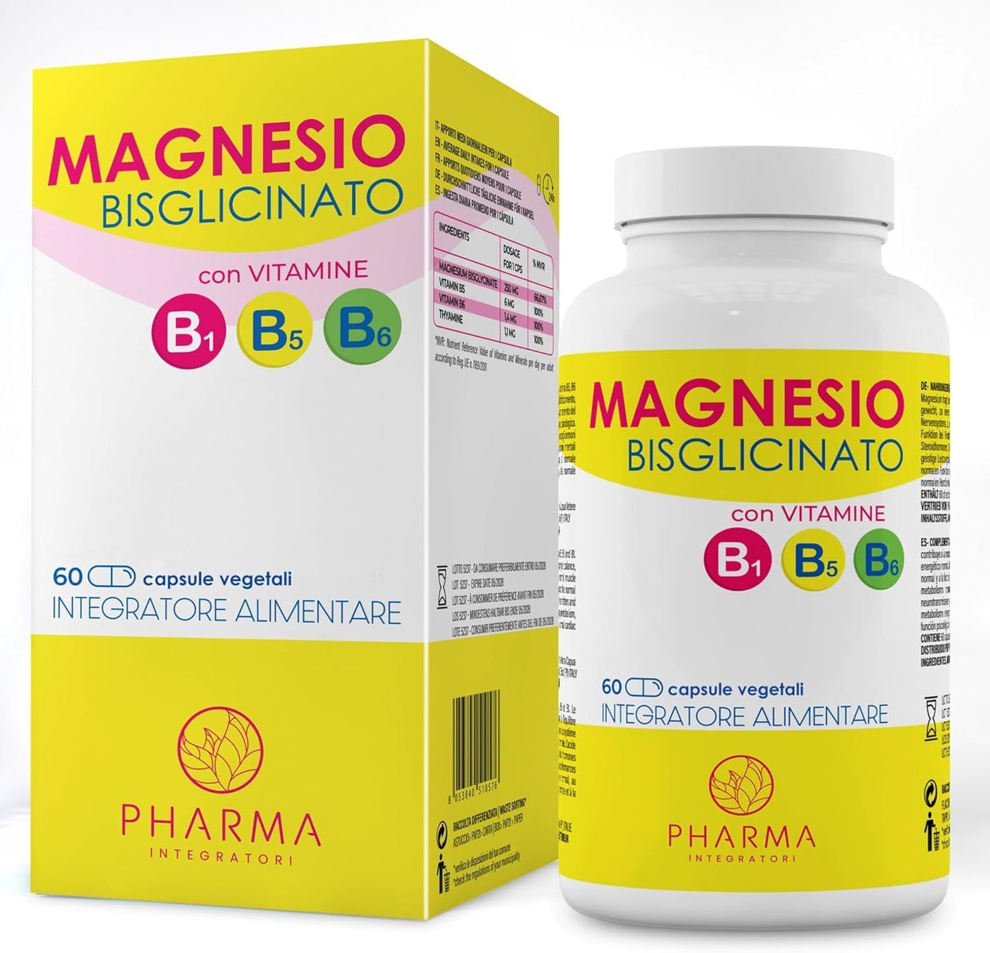 Magnesio Bisglicinato Puro con Vitamina B6, B1 e B5 – Integratore Magnesio ad Alta Qualità in Capsule – Made in Italy