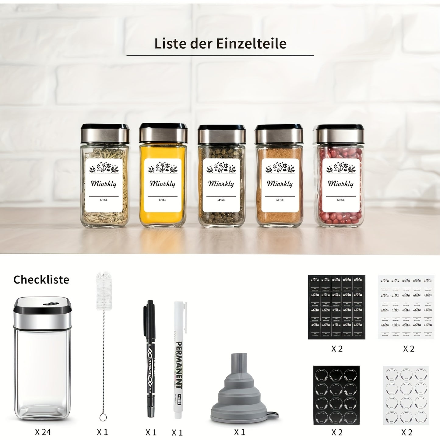 Barattoli quadri per spezie Miorkly con spruzzino integrato, 24 barattoli dosatori per spezie, set di barattoli per spezie da 120ml, scatola porta spezie, contenitori per spezie con coperchi girevoli con foro per spezie, con etichette, barattoli per spezi