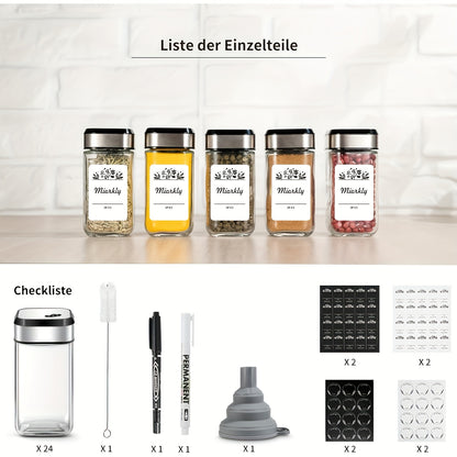 Barattoli quadri per spezie Miorkly con spruzzino integrato, 24 barattoli dosatori per spezie, set di barattoli per spezie da 120ml, scatola porta spezie, contenitori per spezie con coperchi girevoli con foro per spezie, con etichette, barattoli per spezi