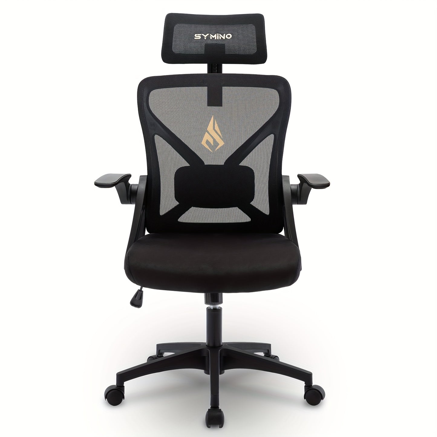 Sedia da Ufficio Ergonomica Symino con Poggiatesta Regolabile, Braccioli, Supporto Lombare e Funzione Oscillante Rotante - Design in Mesh Traspirante, Supporta Fino a 150kg, Nero