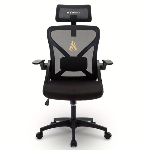 Sedia da Ufficio Ergonomica Symino con Poggiatesta Regolabile, Braccioli, Supporto Lombare e Funzione Oscillante Rotante - Design in Mesh Traspirante, Supporta Fino a 150kg, Nero