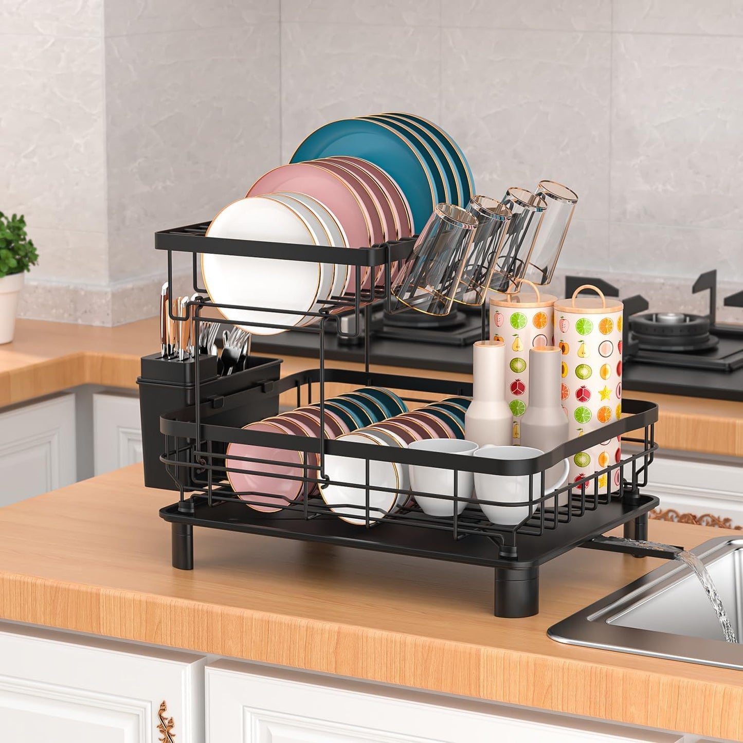 Scolapiatti a Doppio Strato, Sgocciolatoio con Piatto di Scarico e Ugello Rotante, Scolapiatti con Porta Stoviglie e Portabicchieri - Regalo Perfetto per Donne, Moglie, Festa della Mamma, Accessorio da Cucina