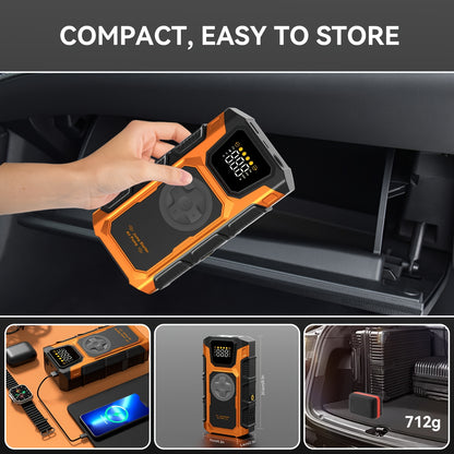 Power Bank Portatile 12V 6000A & Compressore d'Aria Avviatore con Ricarica Rapida e Cavo Intelligente - Booster Batteria 5-in-1 Adatto per Camion a Benzina 7.5L/Diesel 6.0L, Ricarica USB-C, Gonfiaggio Pneumatici, per Campeggio e Viaggi su Strada