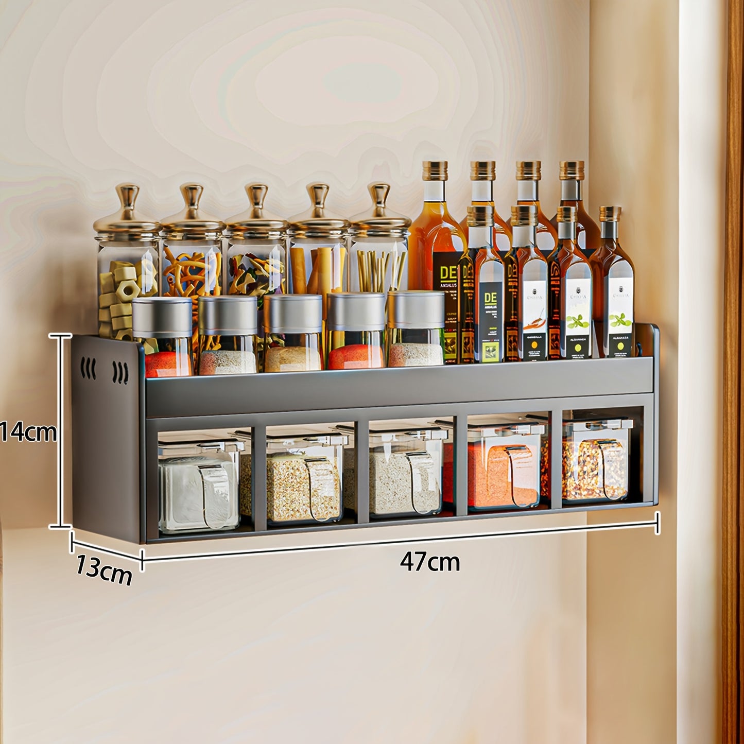 Organizzatore da Muro per Spezie in Acciaio Inox a 5 Scomparti con 5 Barattoli, Organizer Multifunzionale per la Cucina, Porta Spezie in Acciaio al Carbonio, Installazione Senza Trapano, Salvaspazio con Scomparti Multipli per la Cucina