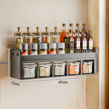 Organizzatore da Muro per Spezie in Acciaio Inox a 5 Scomparti con 5 Barattoli, Organizer Multifunzionale per la Cucina, Porta Spezie in Acciaio al Carbonio, Installazione Senza Trapano, Salvaspazio con Scomparti Multipli per la Cucina