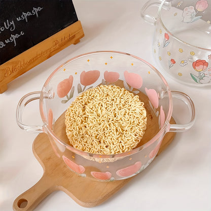 1 pezzo di pentola in vetro stampata con tulipani da 1500ml/50.7oz. Realizzata in vetro borosilicato, adatta per fornelli a gas, fornelli portatili e a cartuccia, non adatta per piastre a induzione, pentolino piccolo con doppie maniglie