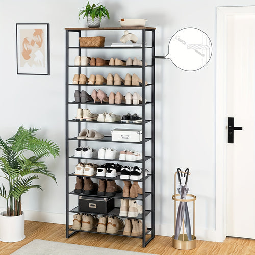 Scarpiera, Organizzatore Portascarpe a 12 Ripiani di Grande Capacità, Mensola Alta per Scarpe per Ingresso Porta d'Ingresso, Rete , Armadio, Marrone Rustico e Nero