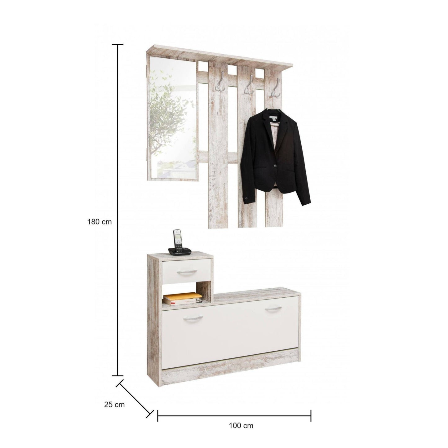 Mobile da ingresso Dbiagin, Entratina moderna, Mobile con scarpiera, Armadio multiuso con specchio, 100x25h180 cm, Disponibile in 5 colori
