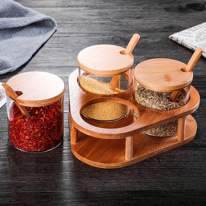Magnatini da condimento in vetro trasparente con supporti triangolari, cucchiaio e coperchio in bambù, set di tre, 280ml × 3, adatti per sale, zucchero, spezie, , per cucina, magazzino locale