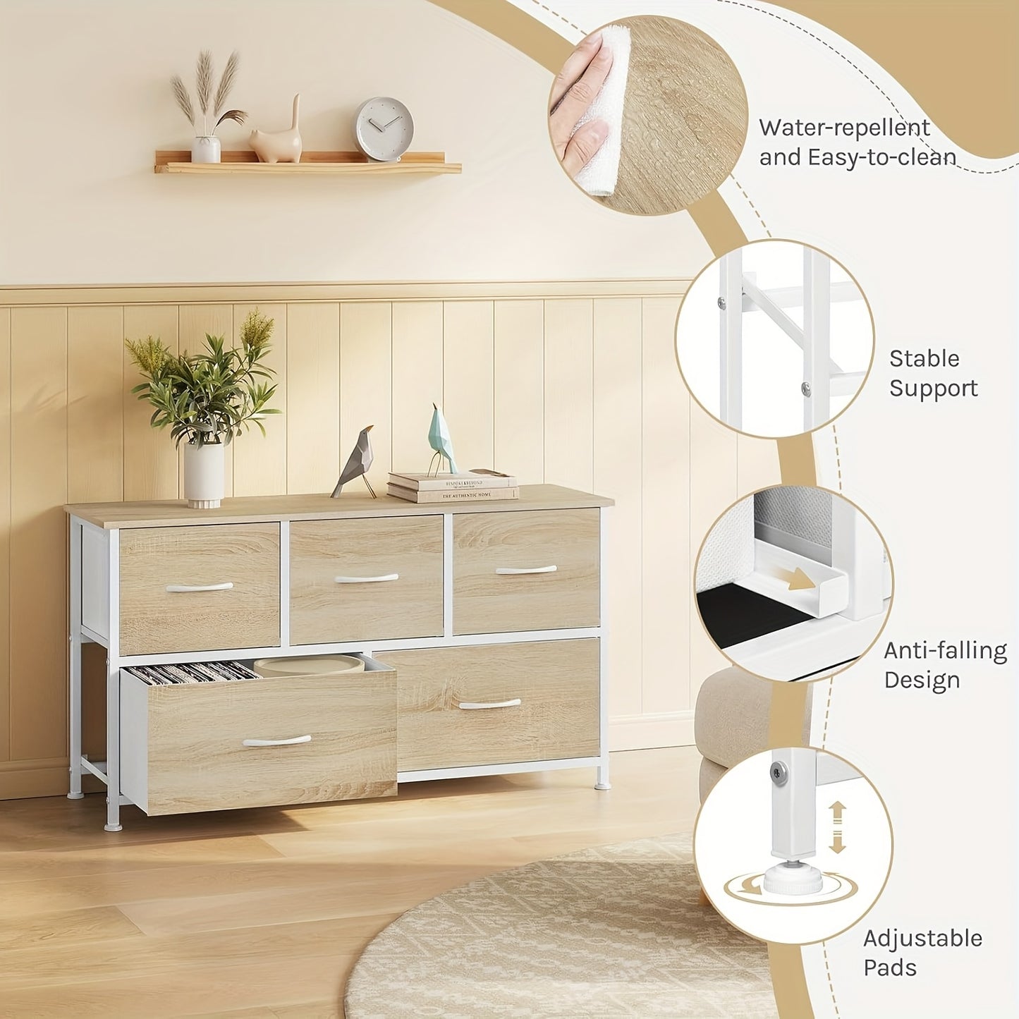 1 pz Cassettiera, Mobile a Cassetti, Telaio in Metallo, Realizzata in Legno, 5 Cassetti in Tessuto Non Tessuto, Utilizzabile come Comodino, Credenza, Mobile TV, Adatta per Camera da Letto, Soggiorno, Corridoio, Multifunzionale, Contenitore per la Casa, Ca