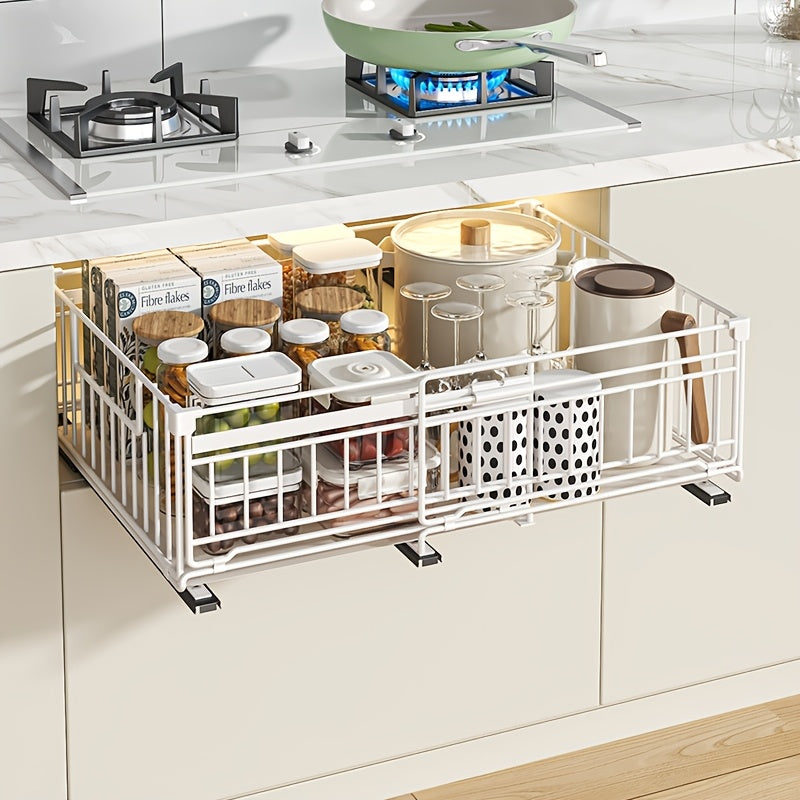 Organizzatore estraibile espandibile per armadietti, confezione da 1/2, ringhiera rialzata da 16.99 cm, larghezza regolabile da 32.99 cm a 50.98 cm, 3 guide, adesivo, non necessita di fori, stacca e incolla, cassetti estraibili adesivi per armadietti, cap