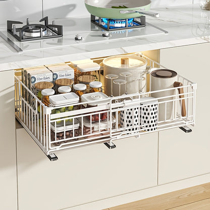 Organizzatore estraibile espandibile per armadietti, confezione da 1/2, ringhiera rialzata da 16.99 cm, larghezza regolabile da 32.99 cm a 50.98 cm, 3 guide, adesivo, non necessita di fori, stacca e incolla, cassetti estraibili adesivi per armadietti, cap