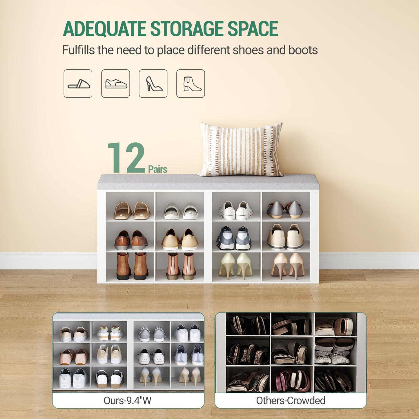 Set scarpiera per armadio, appendiabiti, divanetto scarpe con cuscino, divano d'ingresso, organizzazione e stoccaggio, 30 X 104 X 49 cm, appendiabiti a parete con 9 ganci, camera da letto, area ingresso, bianco e grigio