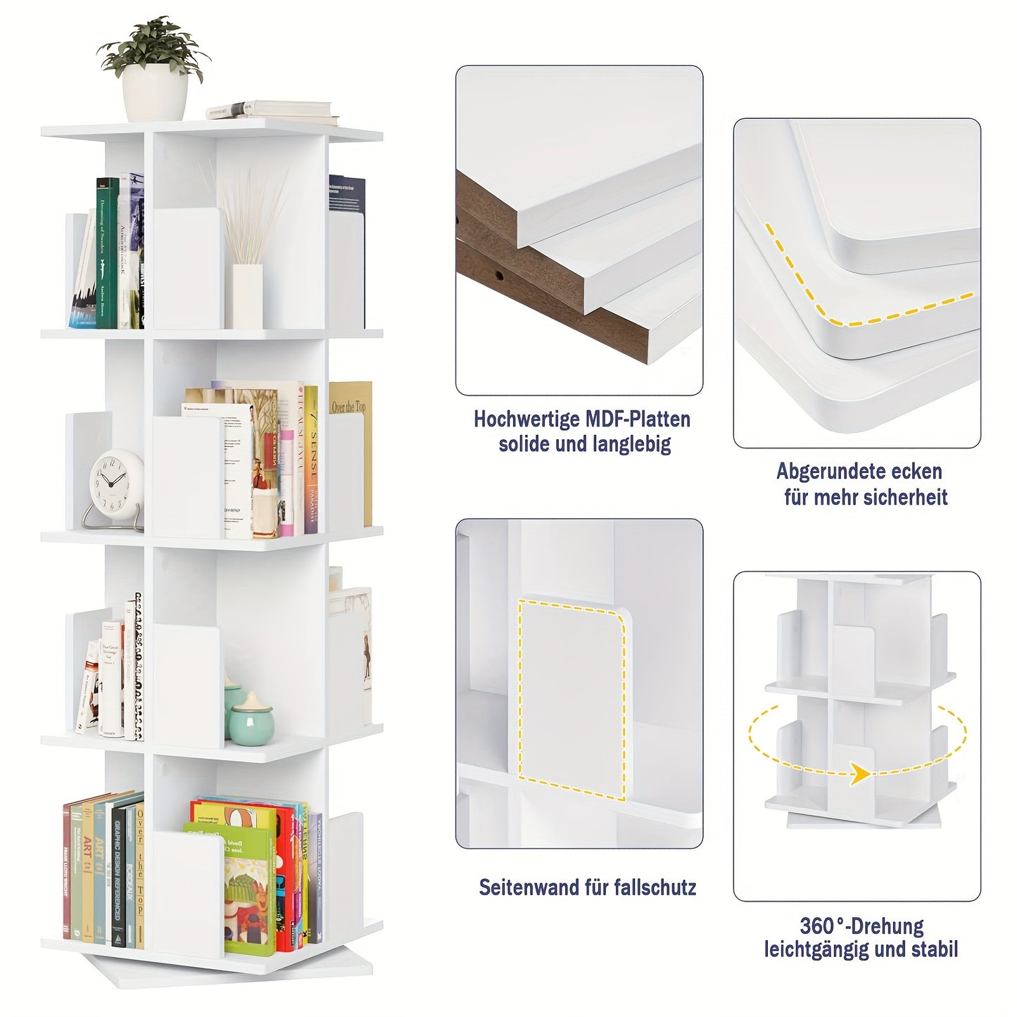 1 pz di libreria rotante, divisorio per ambienti, scaffale girevole per ufficio, scaffale decorativo, rotazione libera a 360 gradi, con 4 strati di lamina MDF, dimensioni 40X129X40 cm