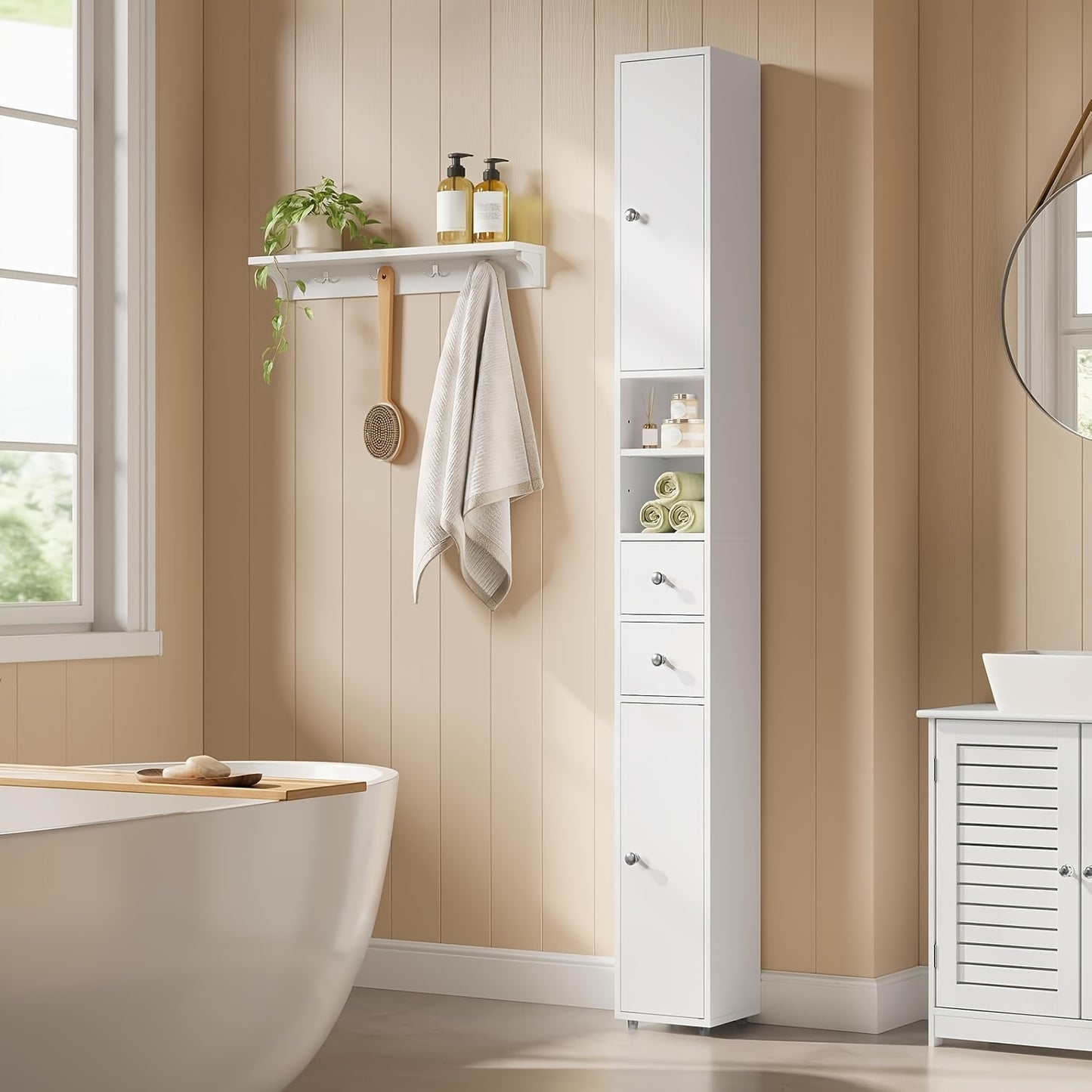 1pezzo Armadio da Bagno, Armadio da Bagno Stretto e Alto con Cassetti, Compartimenti per Mobili da Bagno, Ripiani Regolabili, Porte, Bianco, MDF, 20 x 180 x 20 cm