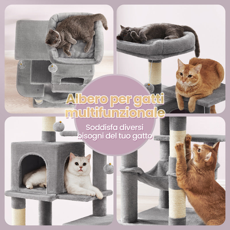 Albero per Gatti 112 cmdi Peluche, 4 Pali Tiragraffi, 2 Pompon, 1 Amaca, 2 Piattaforme, 1 Nicchia