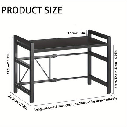 Scaffale Estendibile per Microonde a 2 Livelli con 5 Ganci, Porta Taglieri e 3 Asciugamani, Scaffale per Cucina, Scaffale per Microonde e Forno da Piano, Estendibile 40-64 cm (Nero, Bianco)