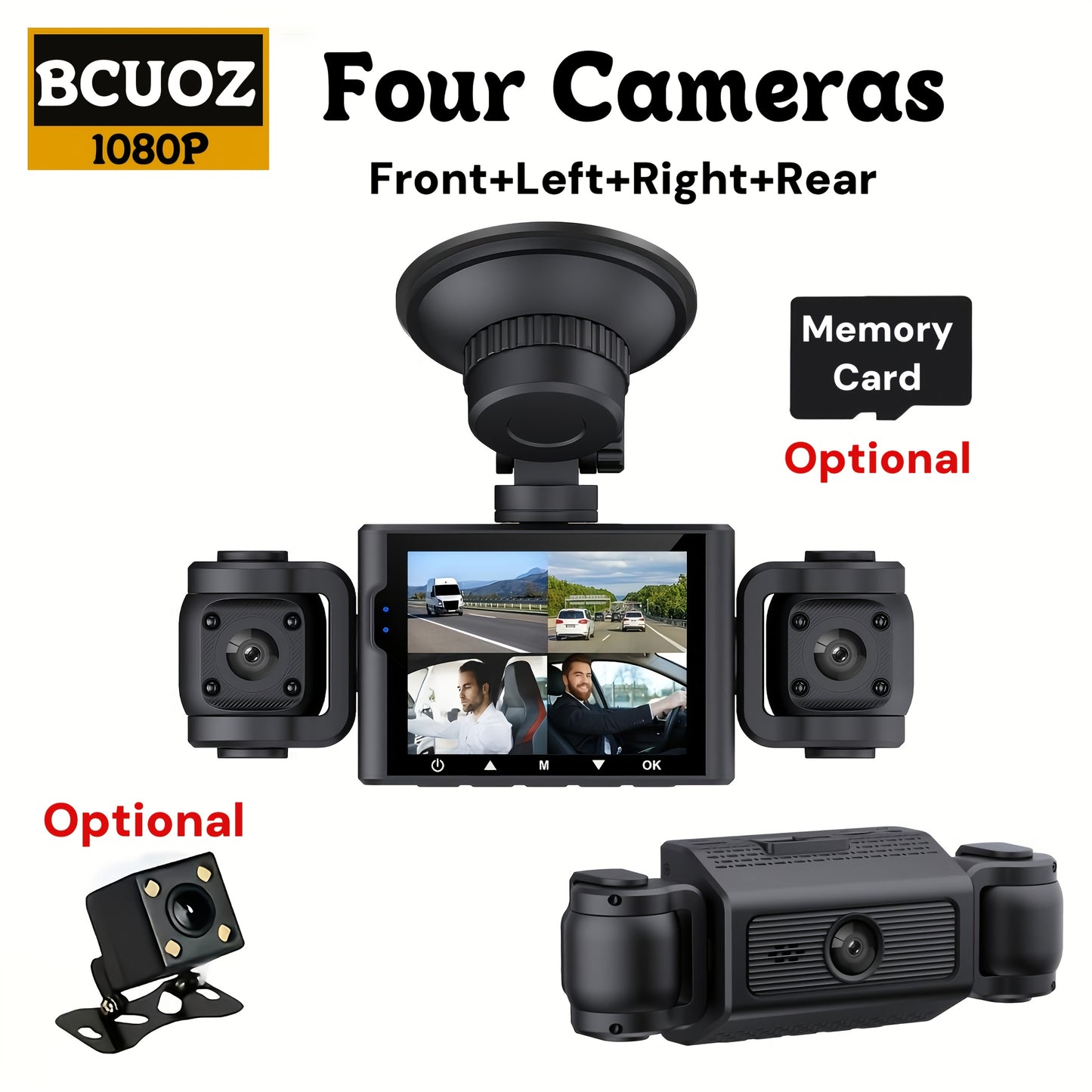 BCUOZ Dash Cam per auto 360 gradi con lente 3/4, 1080P, per auto, registrazione anteriore 1080P e posteriore/sinistra/destra 720P, con scheda di memoria da 64 GB, telecamera rotante a 360 gradi, registrazione in loop, Super Visione Notturna