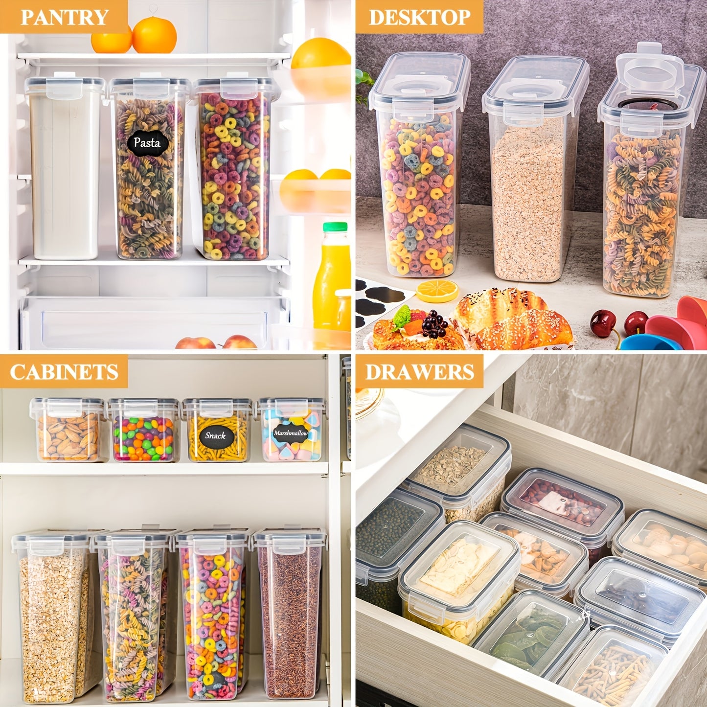 Set di contenitori per alimenti da cucina di alta gamma, 32 pezzi. Contenitori ermetici per frigorifero, sala da tè e armadietti. La scelta ideale per farina, zucchero, pasta, cereali e ingredienti per dolci. Include penna e etichetta