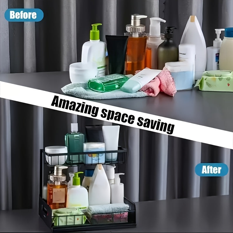1 pz. Scaffale estraibile a doppio strato da posizionare sotto il lavandino, mensola multifunzionale in acciaio al carbonio per cucina e bagno, adatta per organizer di articoli essenziali e prodotti per la pulizia - Nero/Bianco