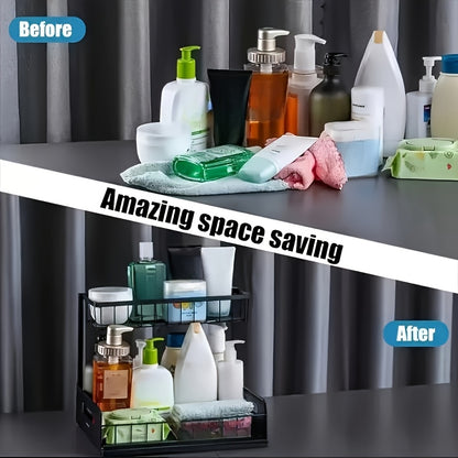1 pz. Scaffale estraibile a doppio strato da posizionare sotto il lavandino, mensola multifunzionale in acciaio al carbonio per cucina e bagno, adatta per organizer di articoli essenziali e prodotti per la pulizia - Nero/Bianco