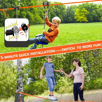 Set da 9 pezzi per ziplining in giardino, include kit scivolo zipline da esterno, puleggia stretta con gancio triangolare, set cintura piatta arancione stretta, altalena blu in ABS, borsa nera, portachiavi blu e set di giocattoli da esterno