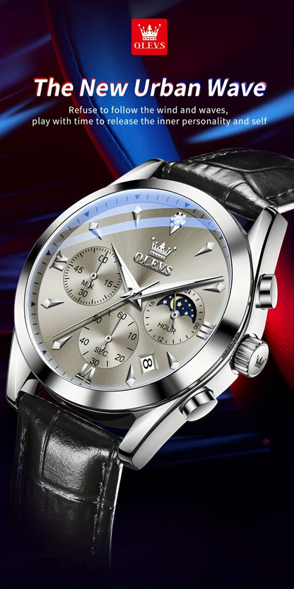 OLEVS Orologio da Uomo Classico Cronografo Cuoio Marrone Cassa Dorata Analogico Quarzo Moda Business Abito Quadrante Grande Orologio da Uomo Giorno Data Luminoso Casual Orologio da Polso Maschile Regali Romantici Relojes De Hombre Quadrante Blu/Nero/Bianc