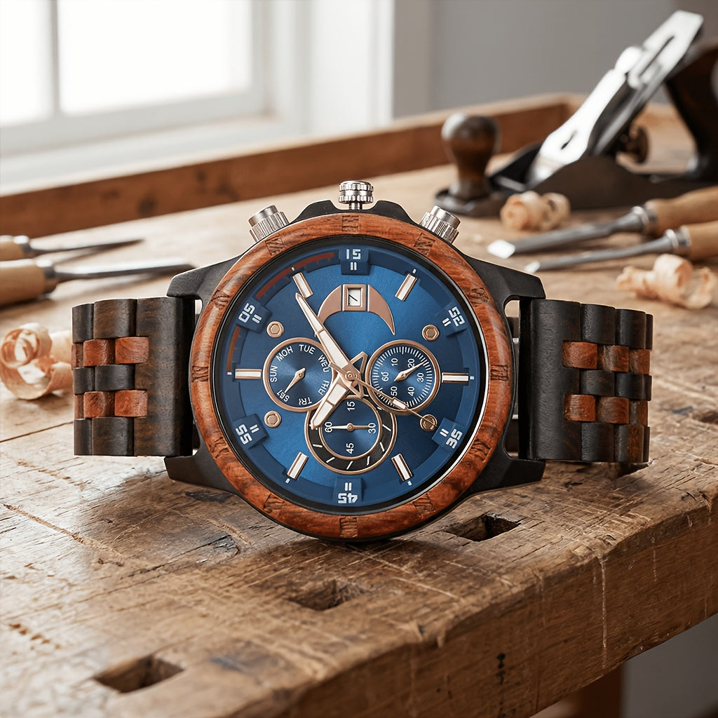 Orologi da Polso in Legno per Uomo, Orologi al Quarzo alla Moda con Data, Settimana e Ora, Scatola in Legno per Lui