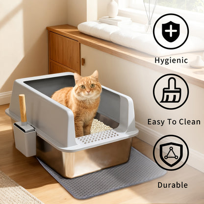 Lettiera per gatti extra large in acciaio inossidabile con coperchio - Misura XL, sponde alte, a prova di perdite, design facile da pulire, include paletta - Adatta per più gatti e razze di grandi dimensioni