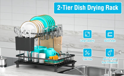 Scolapiatti a 2 piani grande capacità, multifunzionale e antiruggine per piano di lavoro cucina con porta utensili, portabicchieri, nero