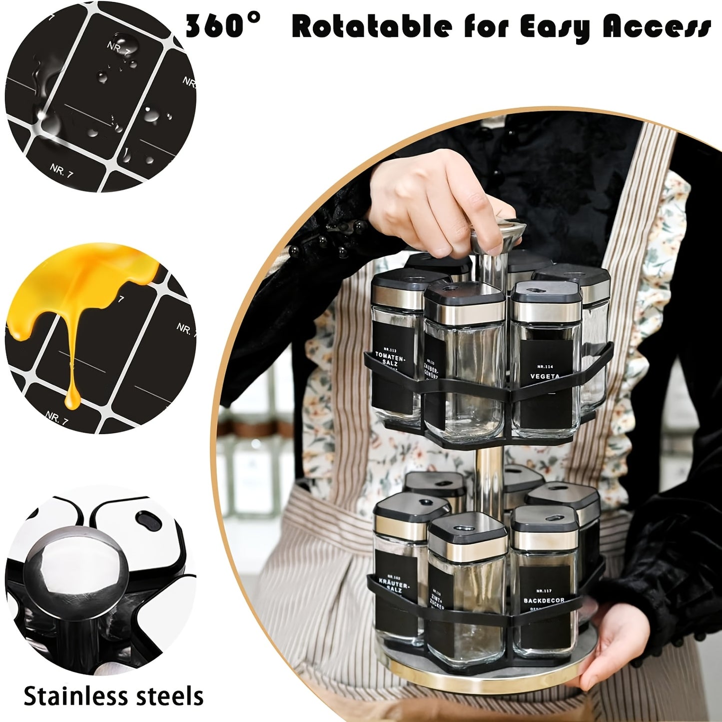 Porta Spezie Rotante a Due Ripiani con 6 o 12 Barattoli per Spezie da 120 ml Ciascuno, Progettato per una Facile Selezione con Rotazione a 360° e Fori a Setaccio, Realizzato in Acciaio Inossidabile per una Facile Organizzazione delle Spezie