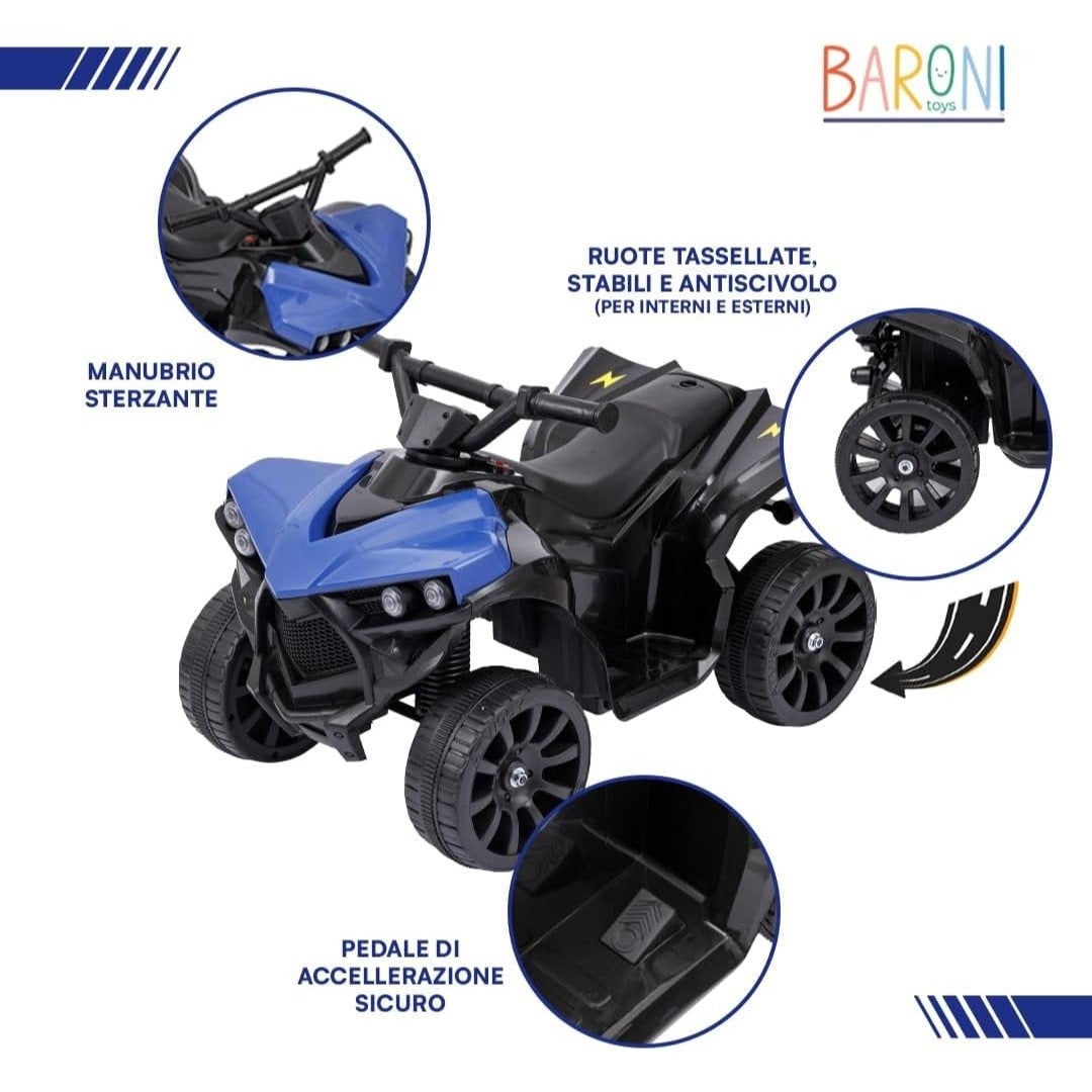 Baroni Toys Quad Elettrico per Bambini 3+ anni con Manubrio Sterzante, Musica e Luci Funzionanti, Quad con Modalità Avanti/Retro, Facile da Montare, 70x42x45 cm