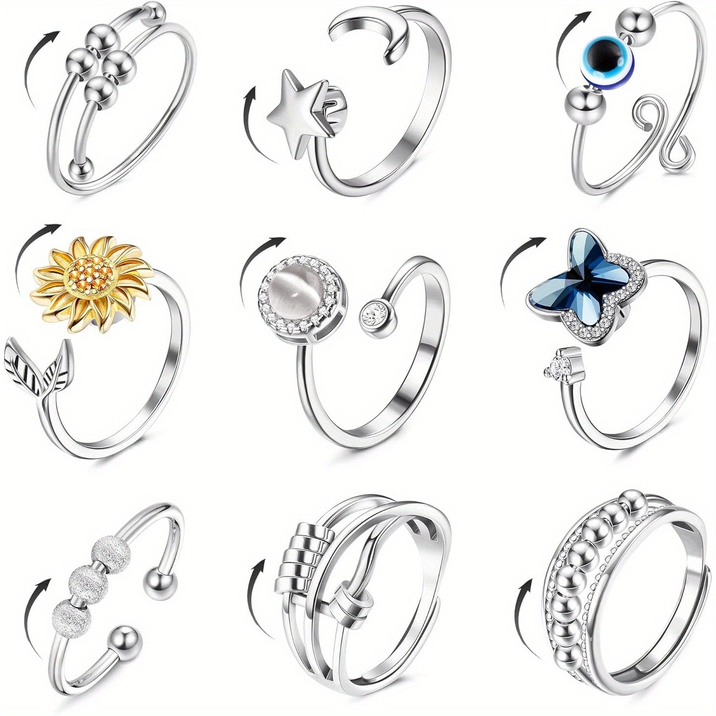 9 Anelli Fidget Spinner per Uomo e Donna, Anelli Anti-Giramento Regolabili con Fai da Te di Fiori, Luna e Stelle con Diamanti CZ