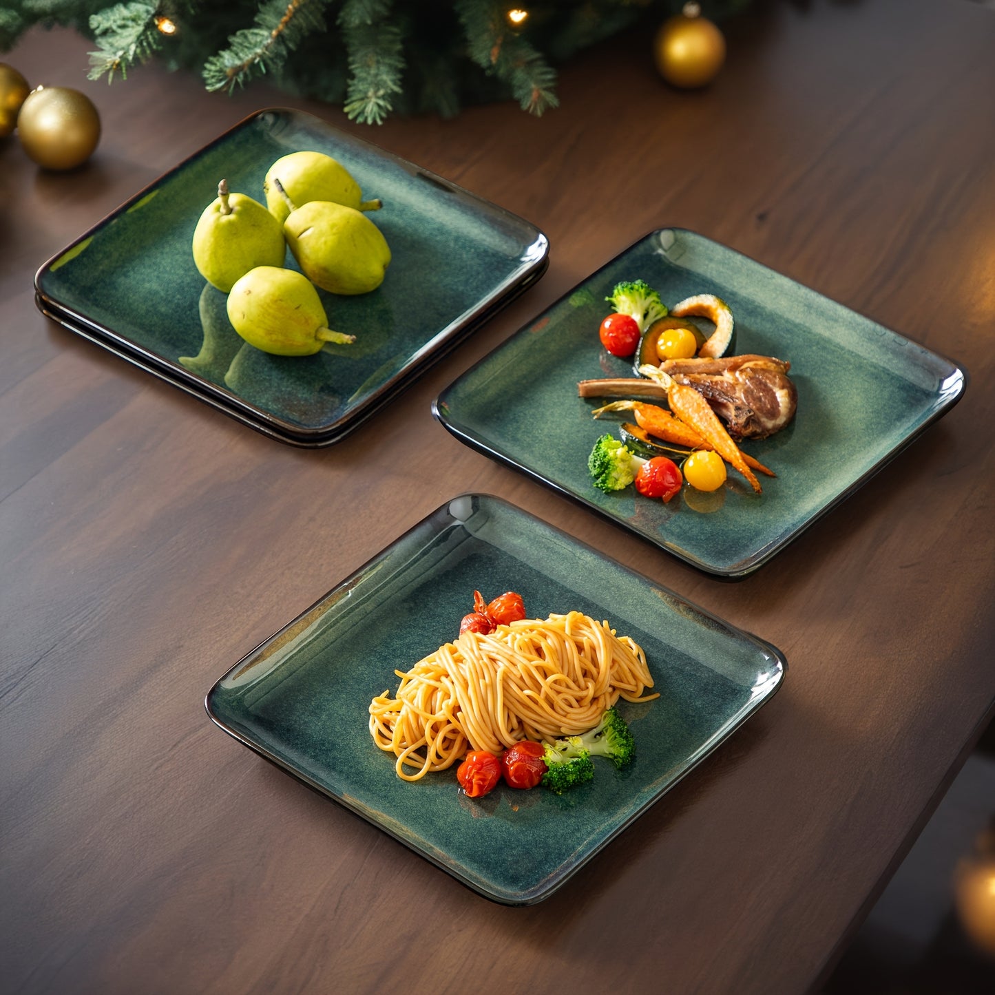 Set da pranzo verde da 12 pezzi, stoviglie quadrate con smalto reattivo, set di stoviglie da cucina in argilla con piatto da portata, piatto da dessert, set di ciotole per 4 persone, lavabile in lavastoviglie e adatto al microonde, fatto a mano, regalo pe