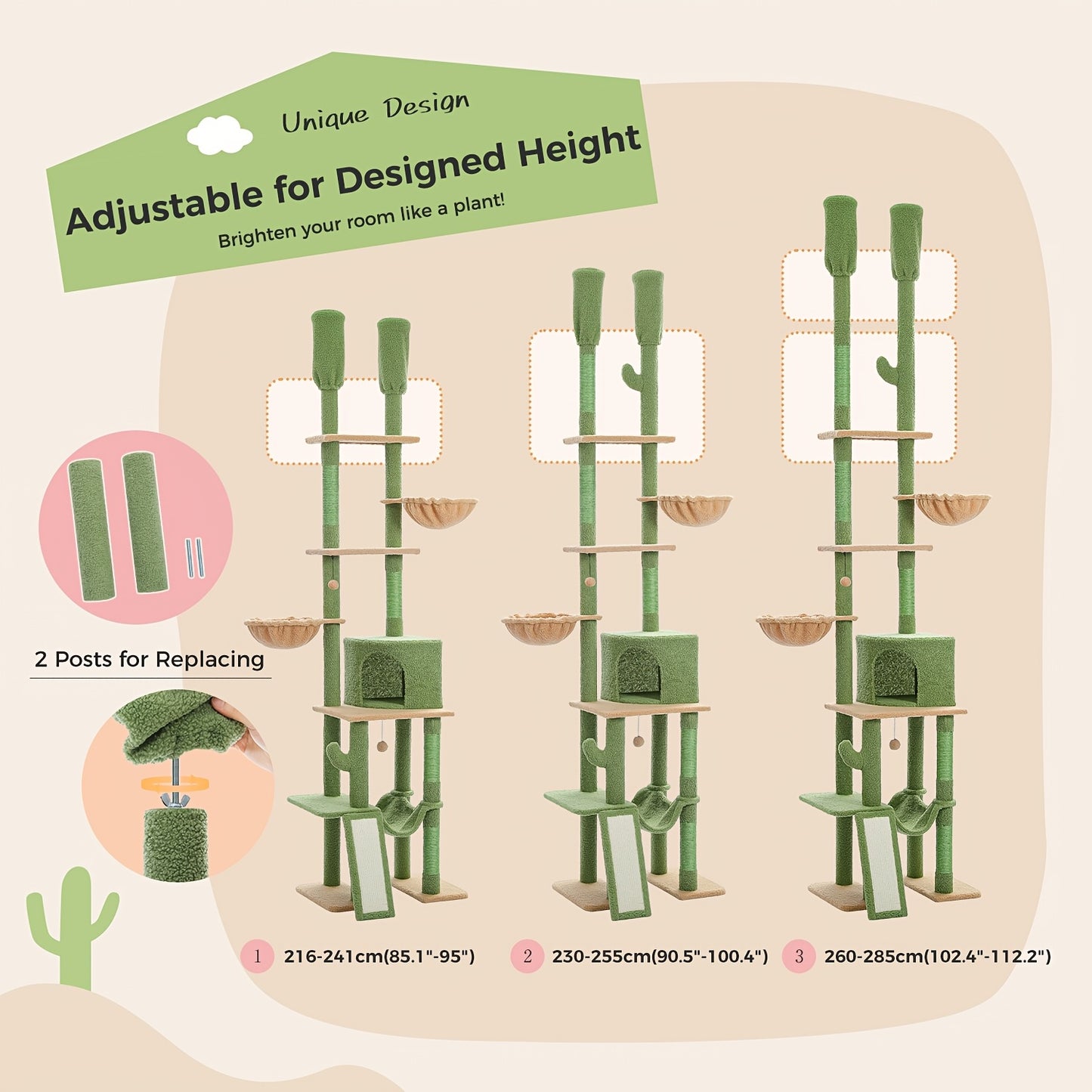 Torre per gatti PAWZ ROAD con post per graffiare a forma di cactus, alta da soffitto a pavimento, con grande condominio e altezza regolabile da 216 cm a 285 cm, centro attività per gatti a 5 livelli con amaca accogliente, piattaforme e palline pendenti.