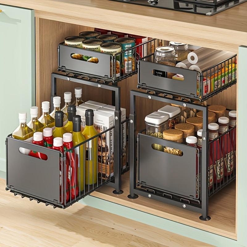 Organizzatore estraibile a 2 ripiani per sottolavello, regolabile e per carichi pesanti, con cassetti scorrevoli - Telaio in carbonio adatto per cucina, bagno, dispensa, ripiano di stoccaggio, organizzatore per armadietto ad altezza regolabile, sistema di