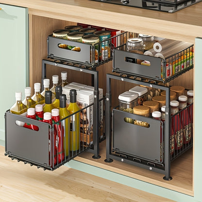 Organizzatore estraibile a 2 ripiani per sottolavello, regolabile e per carichi pesanti, con cassetti scorrevoli - Telaio in carbonio adatto per cucina, bagno, dispensa, ripiano di stoccaggio, organizzatore per armadietto ad altezza regolabile, sistema di