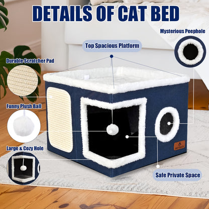 Cuccia per gatti con letti a 2 livelli, tunnel giocattolo, divano pieghevole, tiragraffi e palla sospesa in peluche - Struttura resistente in nylon, tela morbida, design chiuso per tutte le stagioni, facile da montare, cuccia a cubo per interni, unità di