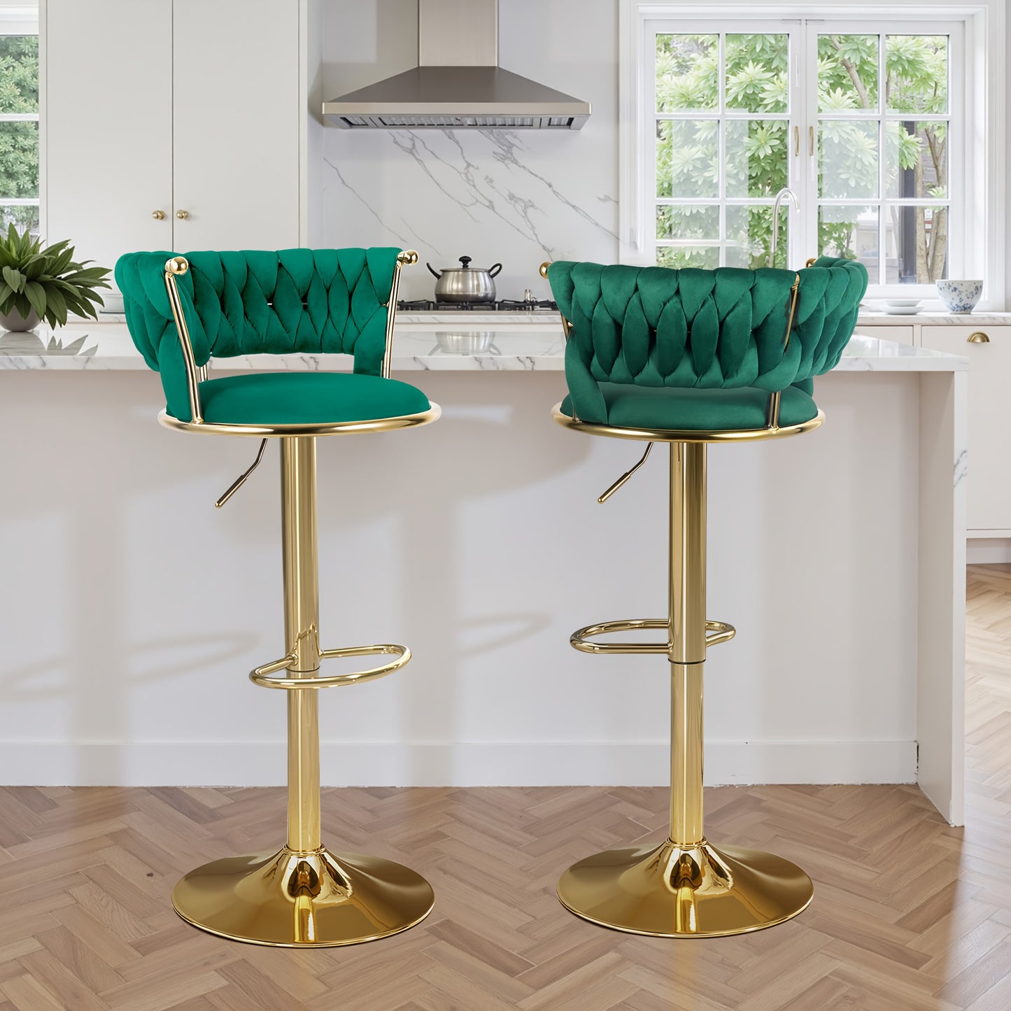 Set di 2 sgabelli da bar moderni girevoli in velluto intrecciato, sgabello, sgabello da bar girevole a 360° con schienale e altezza regolabile, sgabelli da bar alti in metallo dorato per isola cucina, per Natale, festival, regalo di Capodanno