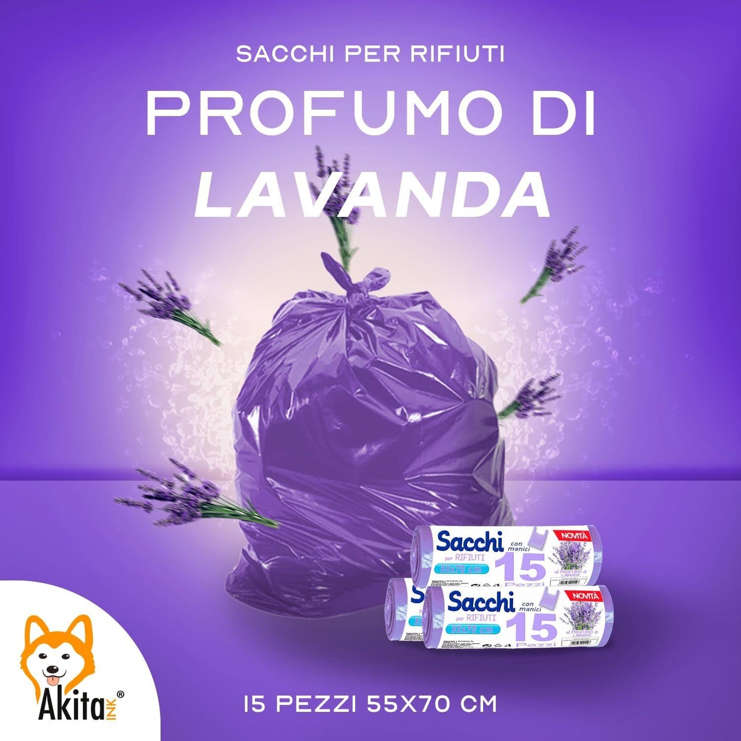 Akitaink Sacchi spazzatura Antiforo con Manici - Profumati - 120 pz da 45L | Misure 55x70cm | Vari Profumi: Brezza Marina, Fragola, Limone e Lavanda Made in Italy