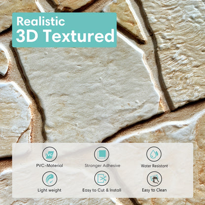Questo pacchetto include dieci pannelli murali 3D autoadesivi con superficie in PVC effetto pietra, ciascuno misurato 30 per 30 centimetri, progettati per decorare pareti interne.