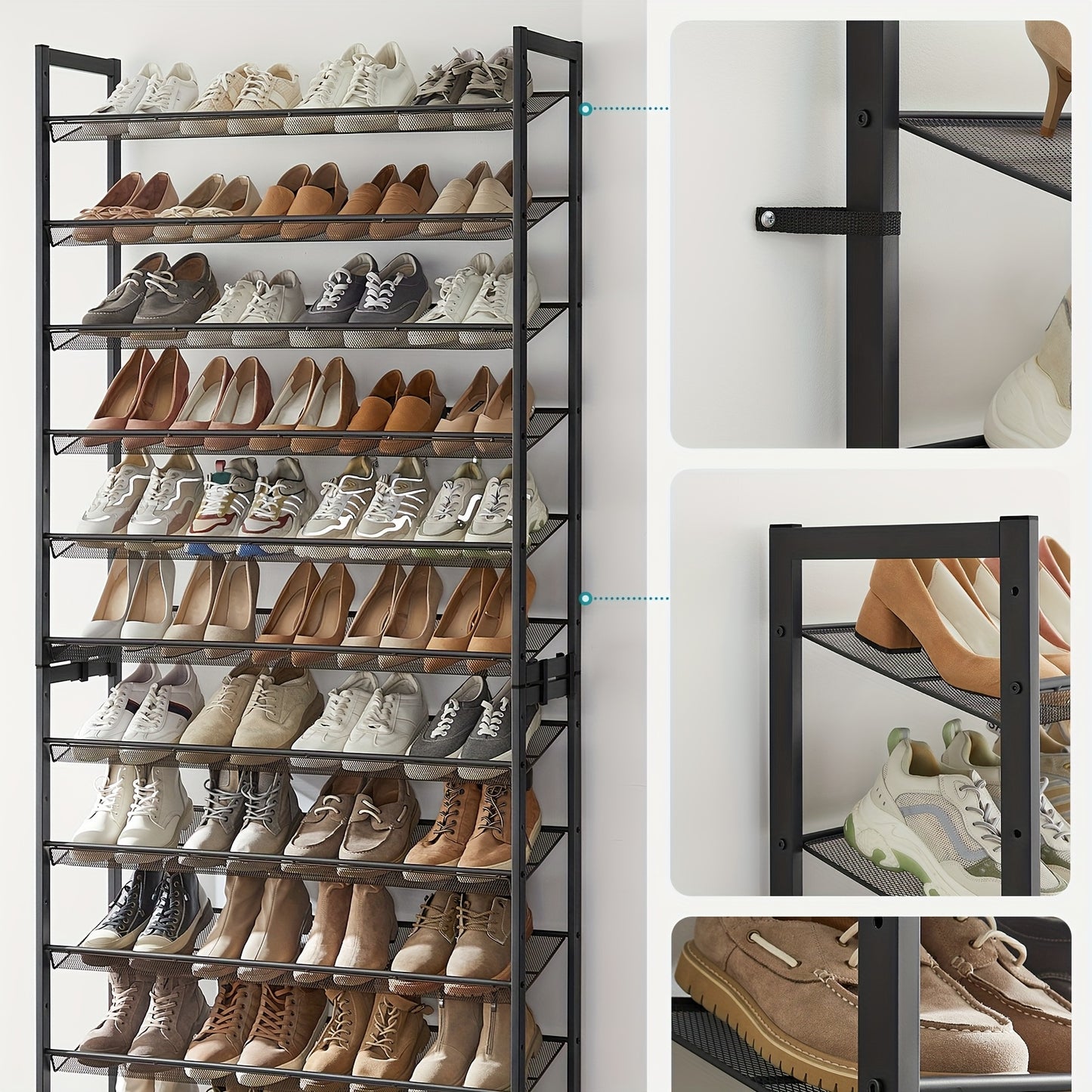 Scarpiere, Scaffale per Scarpe Impilabile a 12 Ripiani, Organizzatore di Scarpe in Metallo con Mensole Regolabili Piatti o Inclinati, 30.5 x 92.3 x 221.4 cm, Contiene 48-60 Paia