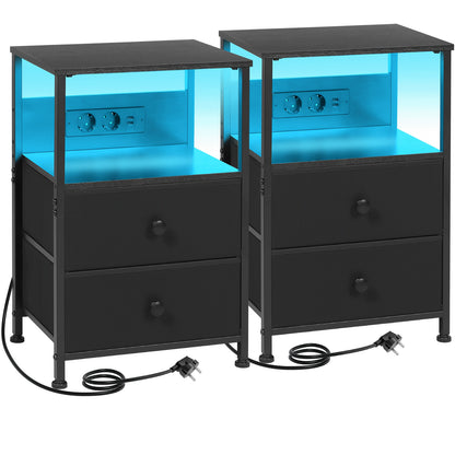 AMHANCIBLE Set Comodino 1/2 pezzi, Cassettiera in Tessuto con Dock di Ricarica, Tavolino da Letto, Comodino con Due Cassetti in Tessuto, Comodino Piccolo per Camera da Letto, Comodino a Quattro Ripiani, Adatto per Camera da Letto, Soggiorno. Nero, Marrone