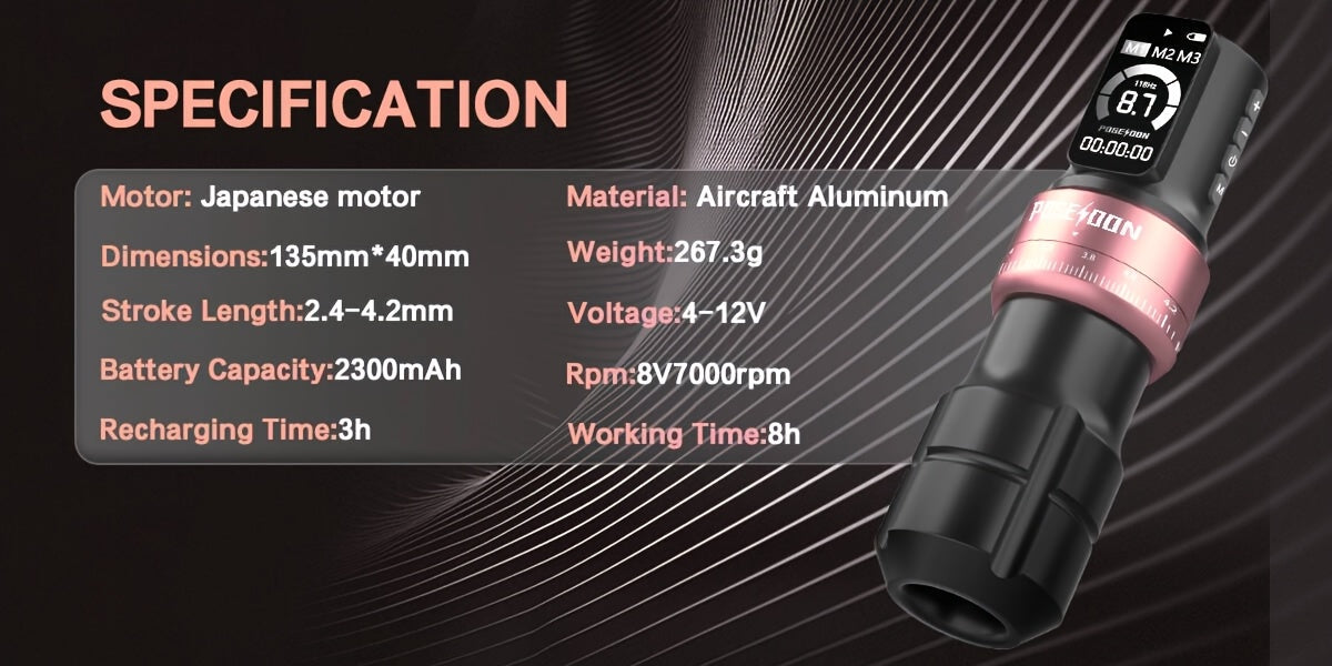 Kit Macchinetta Tatuaggio Rotante Wireless POSEIDON, Penna con Motore Senza Albero e Passo Regolabile da 2.4-4.2Mm, Due Batterie con Schermo Digitale da 2300Mah, Include 10 Aghi per Tatuaggio e Altre Accessori