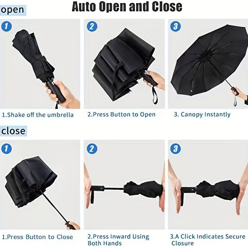 Ombrello Automatico a 10 Stecche, Ombrello Pieghevole Antivento con Ampia Cupola