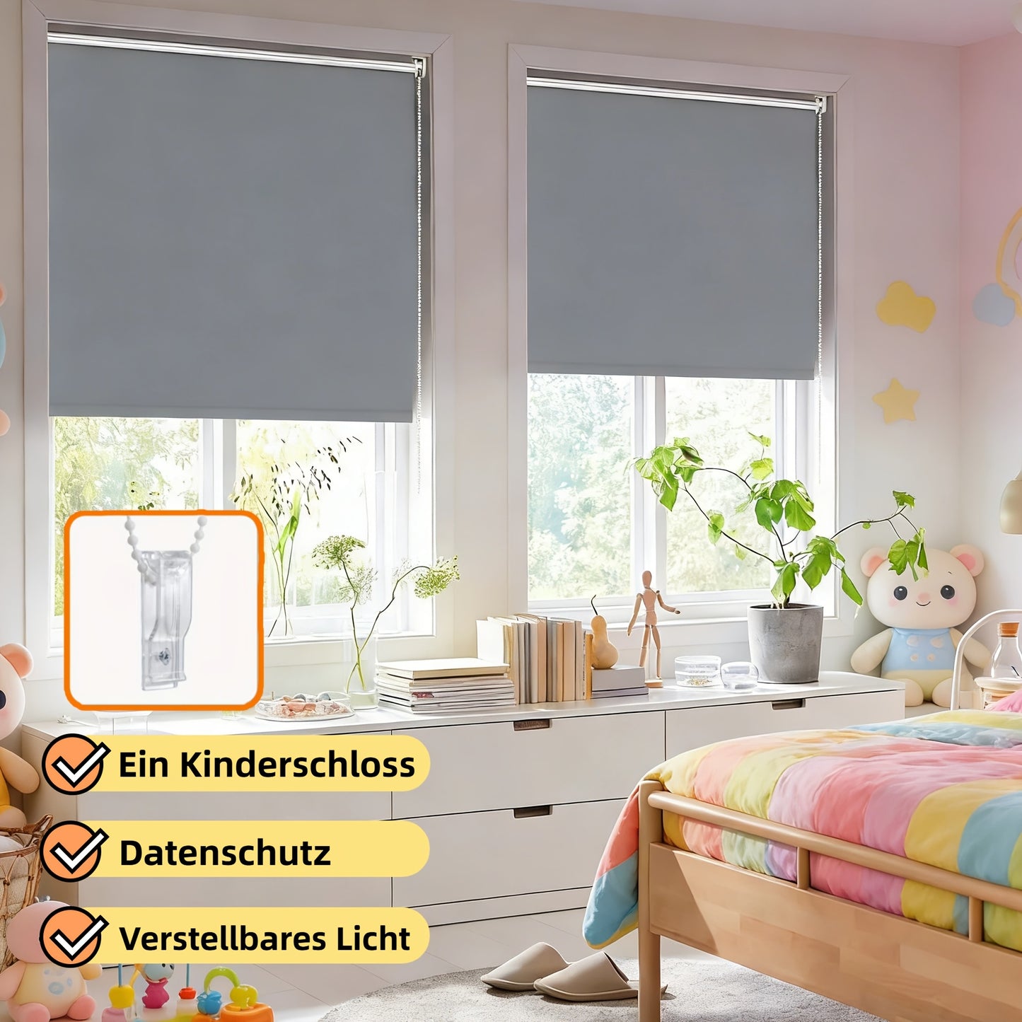 1 tenda parasole a clip senza fori | Privacy e blocco solare, catenella di sicurezza, sonno confortevole per camera da letto e casa | Larghezza = Larghezza del tessuto più 4 cm