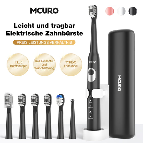 Spazzolino elettrico sonico per adulti con modalità intelligenti e ricaricabile USB, tecnologia a onde sonore adatta a denti e gengive sensibili, setole morbide, 6 testine, custodia da viaggio e supporto da parete, adatto per viaggi, regali di Natale