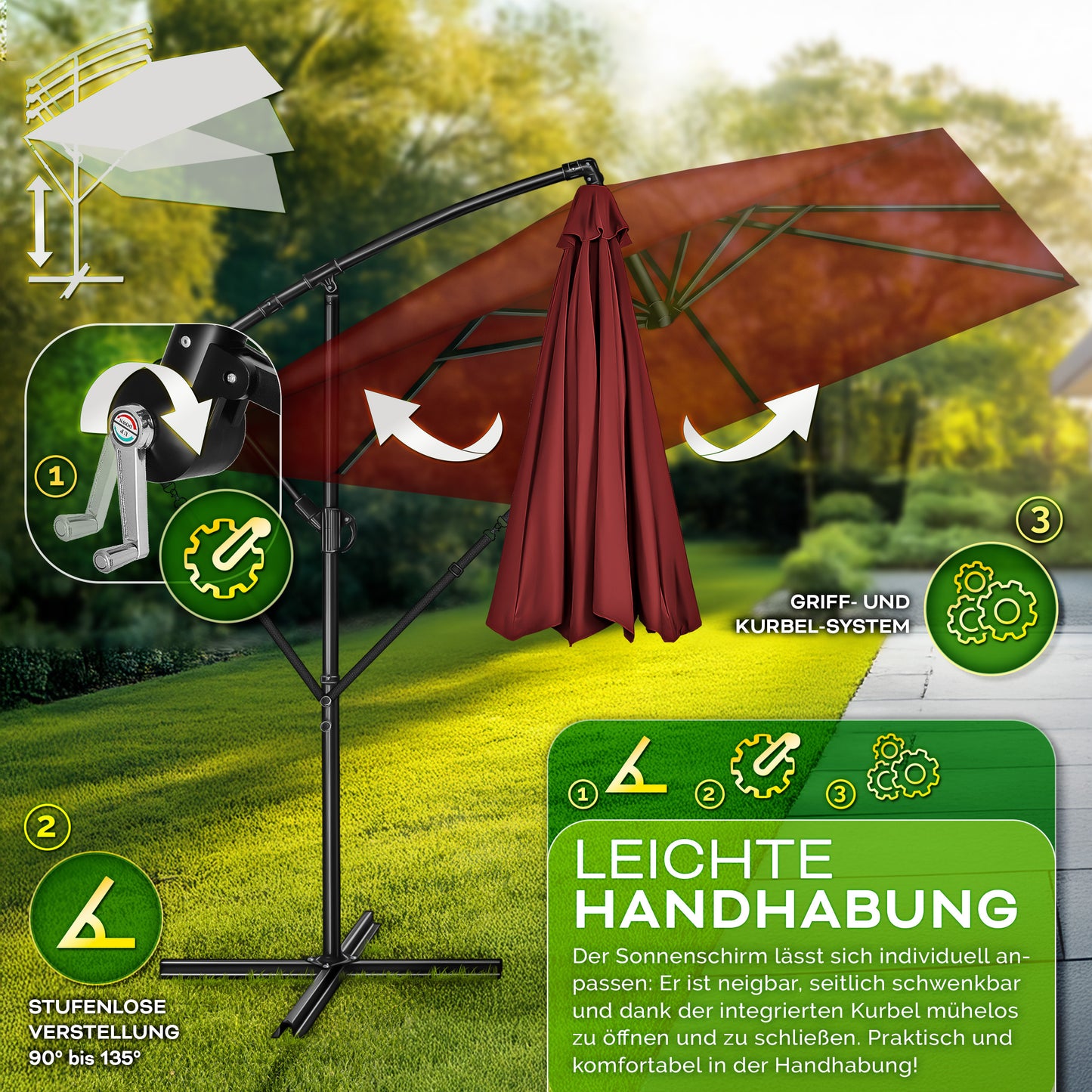 Tillvex® Parasole Rettangolare in Alluminio Ø 330 Cm + Copertura con Manovella | Schermo Angolare a Luce Rossa con Supporto & Parabrezza | Grande Parasole da Giardino in Alluminio Protezione UV | Schermo con Manovella Impermeabile Girevole a 360° per Terr