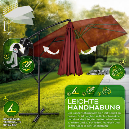 Tillvex® Parasole Rettangolare in Alluminio Ø 330 Cm + Copertura con Manovella | Schermo Angolare a Luce Rossa con Supporto & Parabrezza | Grande Parasole da Giardino in Alluminio Protezione UV | Schermo con Manovella Impermeabile Girevole a 360° per Terr